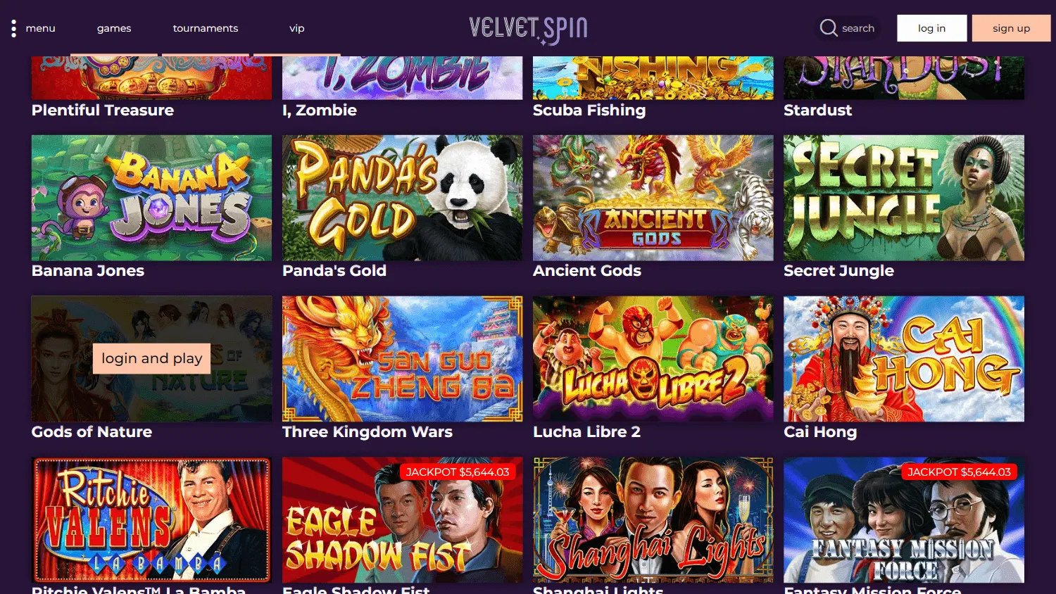 Velvet Spin Casino game selection on desktop