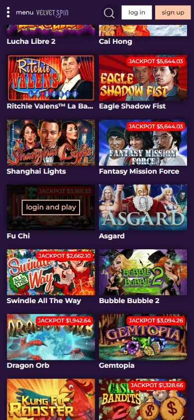 Velvet Spin Casino game selection on a mobile device