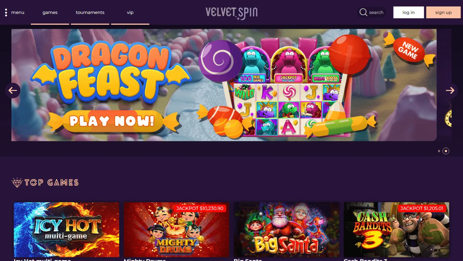 Velvet Spin Casino home screen on desktop