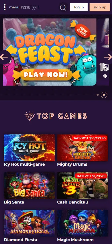 Velvet Spin Casino home screen on a mobile device